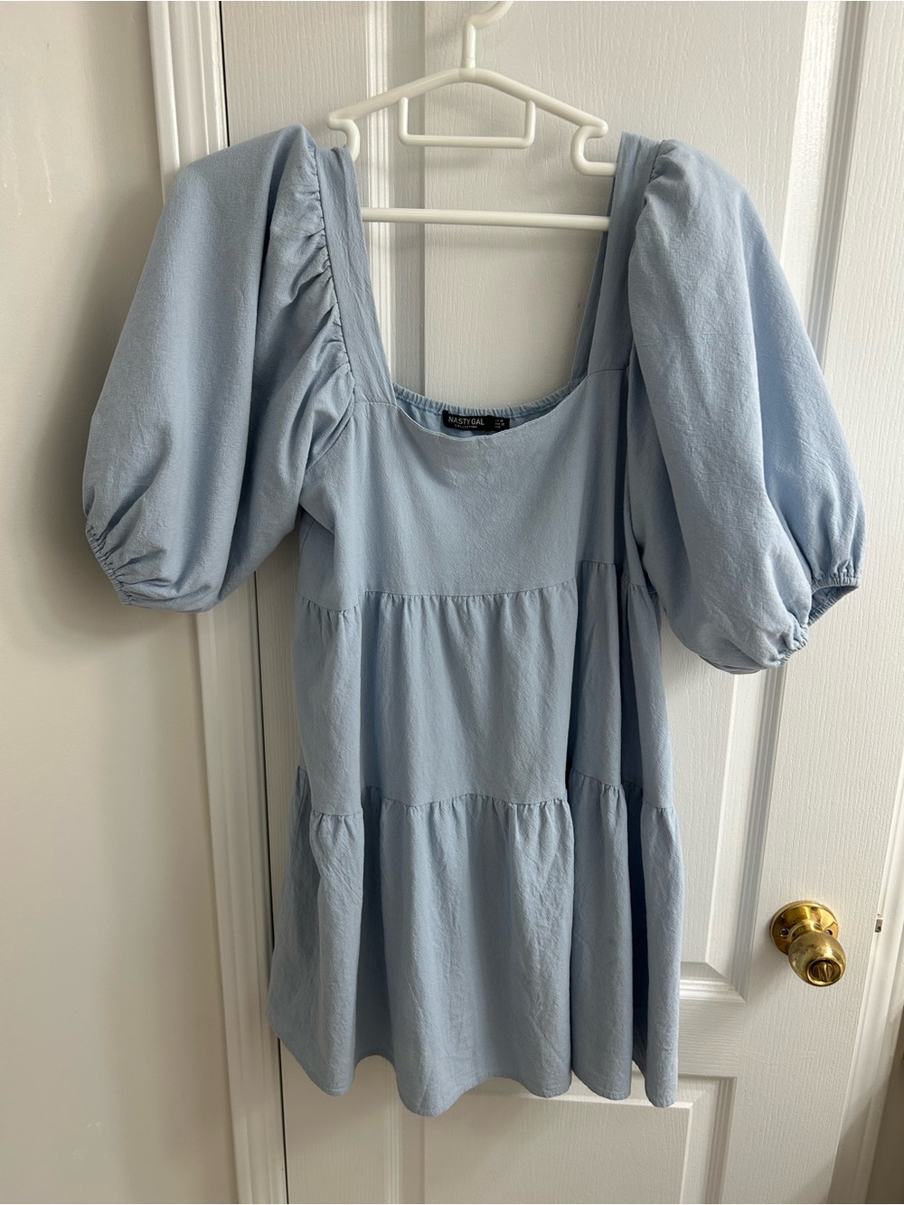 Nasty Gal Light Blue Puff Sleeve Tiered Mini Dress
